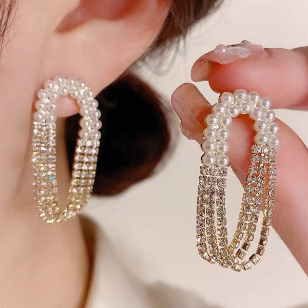 Zircon Multi-layer Tassel Pearl Tassel Earrings