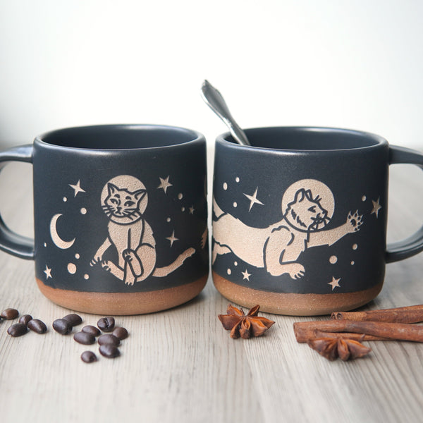 Astronaut Space Cats Mug, Forest Style Handmade Pottery